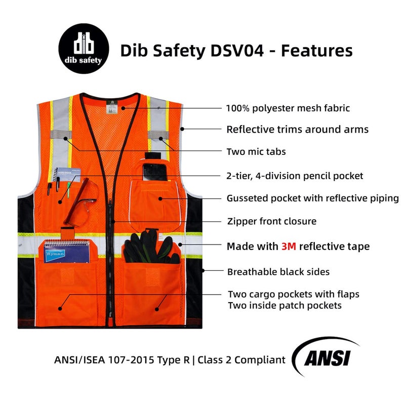 Dib Safety Reflective Vest Orange Mesh, High Visibility Vest with Pockets and Zipper, ANSI Class 2 Heavy Duty, Made with 3M Reflective Tape M - Image 4